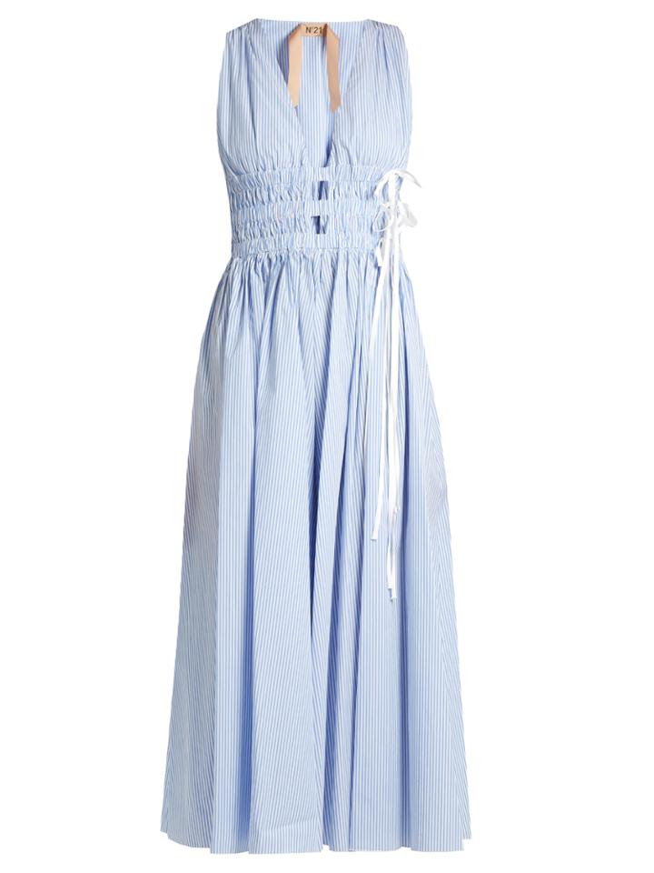 No. 21 Stripe-print Gathered Cotton Dress
