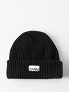 Ganni - Logo-patch Wool-blend Beanie Hat - Womens - Black