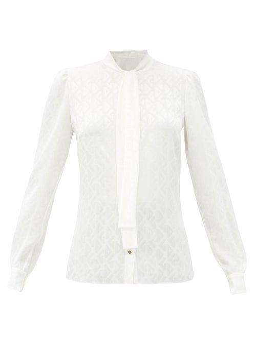 Matchesfashion.com Dolce & Gabbana - Pussy-bow Logo-jacquard Silk Blouse - Womens - White