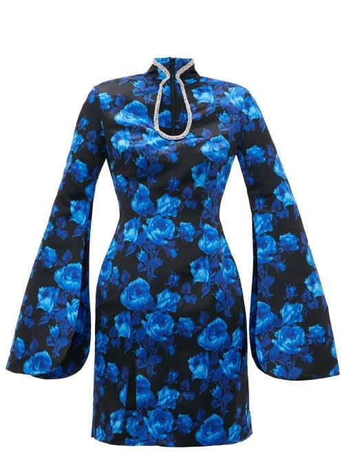 Matchesfashion.com Richard Quinn - Crystal-embellished Floral-print Satin Mini Dress - Womens - Blue Print