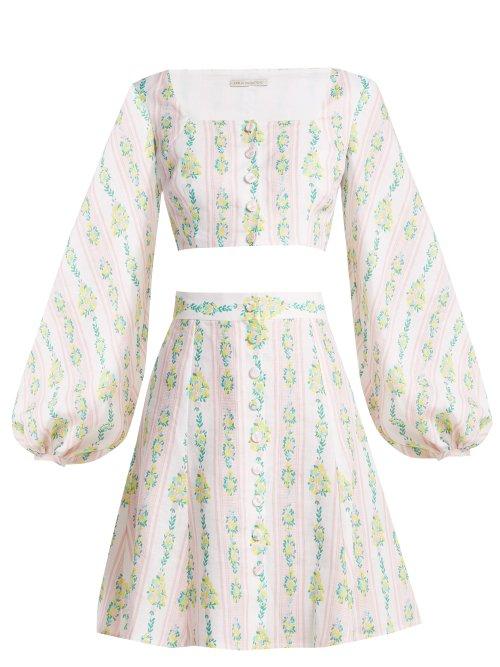Matchesfashion.com Emilia Wickstead - Ines Floral Print Linen Crop Top And Skirt - Womens - Pink Print