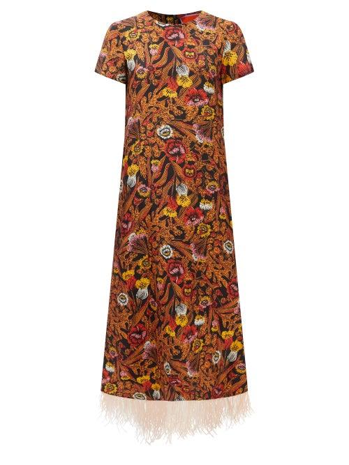 La Doublej - Swing Feather-trim Floral Silk-twill Maxi Dress - Womens - Multi