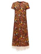 La Doublej - Swing Feather-trim Floral Silk-twill Maxi Dress - Womens - Multi