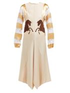 Matchesfashion.com Chlo - Little Horses Appliqu Panelled Satin Midi Dress - Womens - Beige Multi