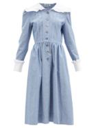 Matchesfashion.com Batsheva - Diana Sailor-collar Cotton-chambray Dress - Womens - Blue