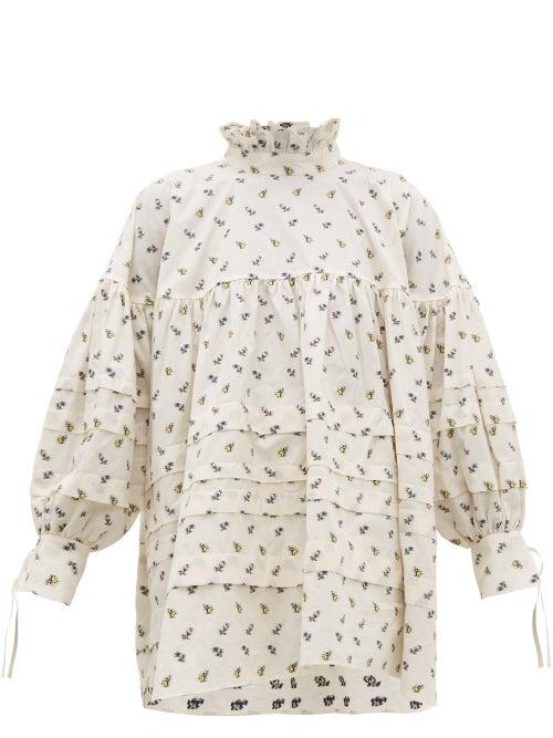 Matchesfashion.com Cecilie Bahnsen - Alberte Floral Jacquard Cotton Blouse - Womens - Ivory Multi