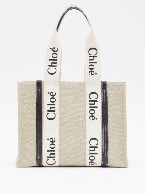 Chlo - Woody Medium Linen-canvas Tote Bag - Womens - Beige Navy