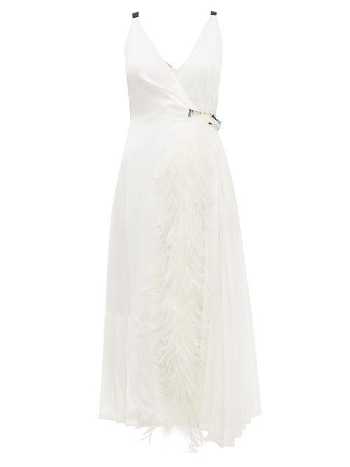 Matchesfashion.com Prada - Feather Trimmed Pleated Wrap Dress - Womens - White Multi