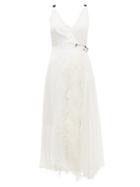 Matchesfashion.com Prada - Feather Trimmed Pleated Wrap Dress - Womens - White Multi