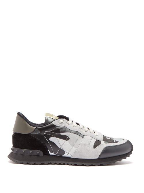 Matchesfashion.com Valentino - Rockrunner Camouflage Leather And Suede Trainers - Mens - Grey Multi