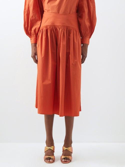 Ulla Johnson - Ramsey Cotton-poplin Ruched-waist Midi Skirt - Womens - Orange