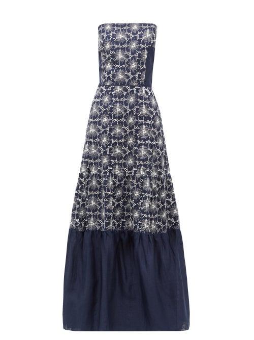 Matchesfashion.com Zeus + Dione - Maya Floral-embroidered Strapless Linen Dress - Womens - Blue