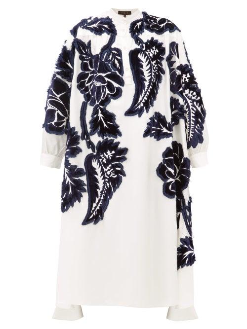 Matchesfashion.com Biyan - Liga Floral Velvet Appliqud Silk Shirtdress - Womens - White Navy