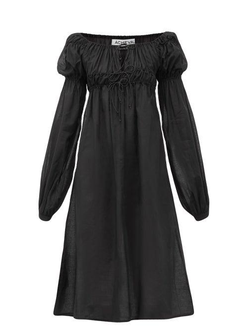 Matchesfashion.com Cheval Pampa - Antonia Smocked Puff-sleeve Cotton-voile Dress - Womens - Black