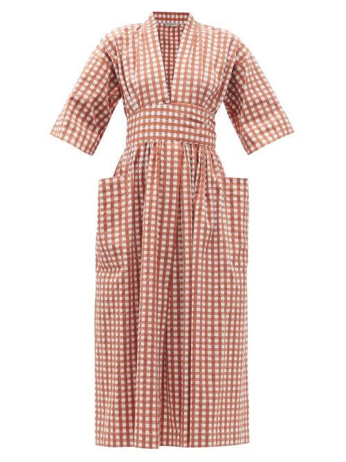 Matchesfashion.com Three Graces London - Charita Wide-sleeve Gingham Cotton-blend Sun Dress - Womens - Brown White