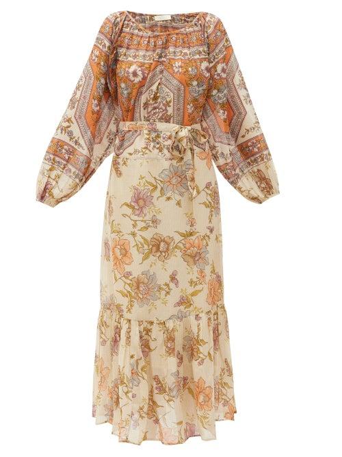 Matchesfashion.com Mes Demoiselles - Reunion Belted Floral-print Voile Midi Dress - Womens - Beige Print