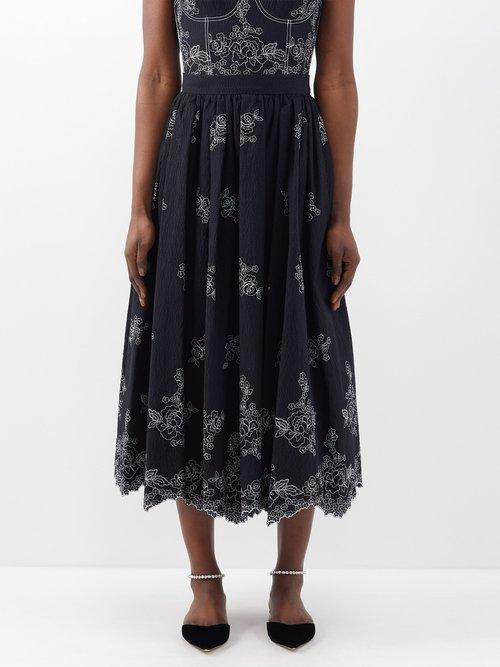 Erdem - Fiona Floral-embroidered Seersucker Midi Skirt - Womens - Black White