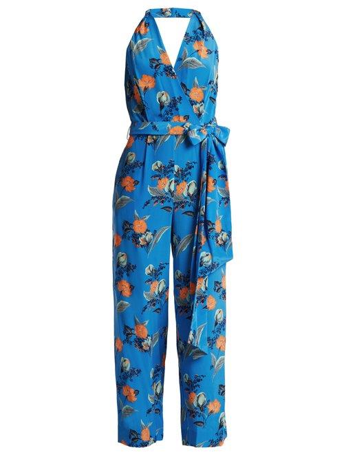 Matchesfashion.com Diane Von Furstenberg - Silese Print Wide Leg Silk Jumpsuit - Womens - Blue Print