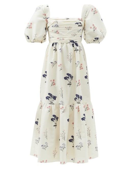 Ladies Rtw Self-portrait - Puff-sleeve Floral-print Crepe Dress - Womens - Ivory Multi