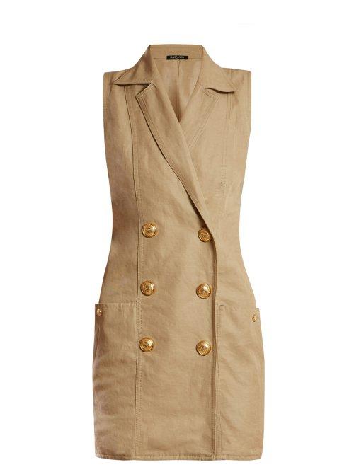 Matchesfashion.com Balmain - Sleeveless Double Breasted Poplin Dress - Womens - Beige