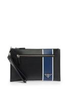 Matchesfashion.com Prada - Logo Plaque Striped Saffiano Leather Pouch - Mens - Black Blue