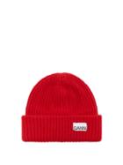 Ganni - Logo-patch Ribbed Wool-blend Beanie Hat - Womens - Red