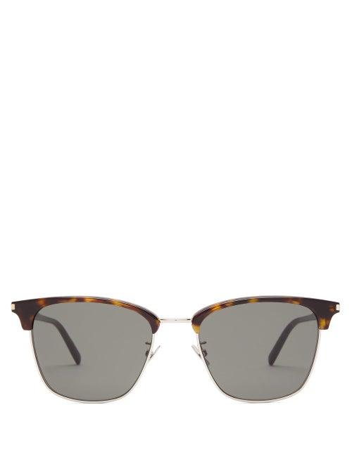 Matchesfashion.com Saint Laurent - Logo Engraved Square Metal & Acetate Sunglasses - Mens - Tortoiseshell