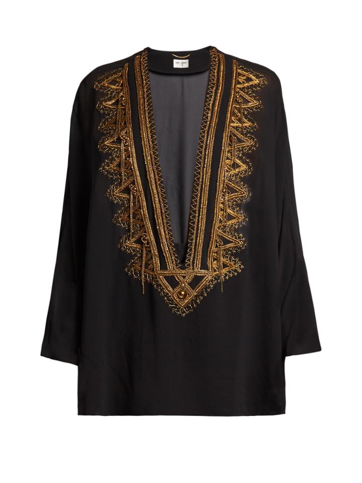 Saint Laurent Embroidered V-cut Chiffon Top