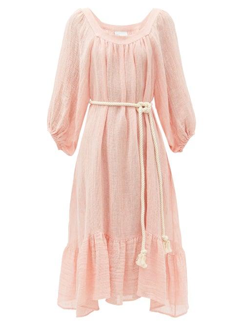 Matchesfashion.com Lisa Marie Fernandez - Gathered Metallic Linen-blend Gauze Dress - Womens - Pink