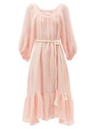 Matchesfashion.com Lisa Marie Fernandez - Gathered Metallic Linen-blend Gauze Dress - Womens - Pink