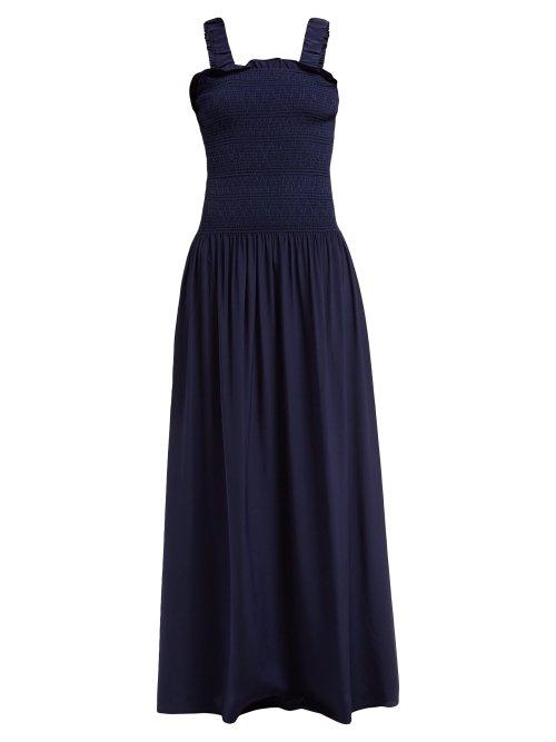 Matchesfashion.com Heidi Klein - Smocked Bodice Silk Maxi Dress - Womens - Navy