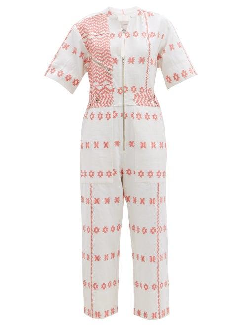 Matchesfashion.com Pippa Holt - Embroidered Striped Cotton Jumpsuit - Womens - Pink Print