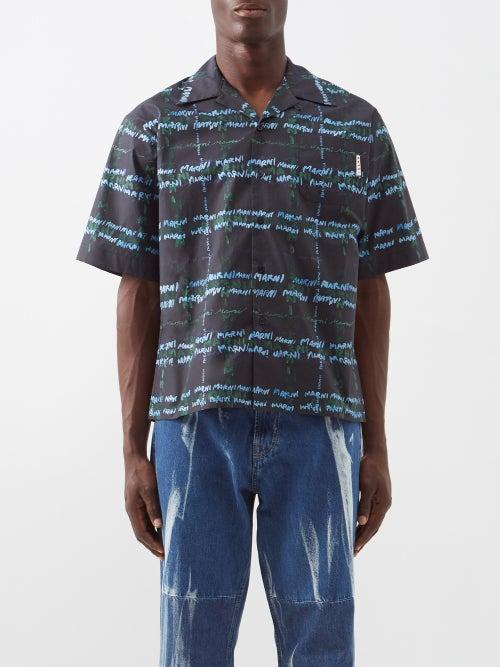 Marni - Logo-print Checked Cotton-poplin Shirt - Mens - Navy Multi