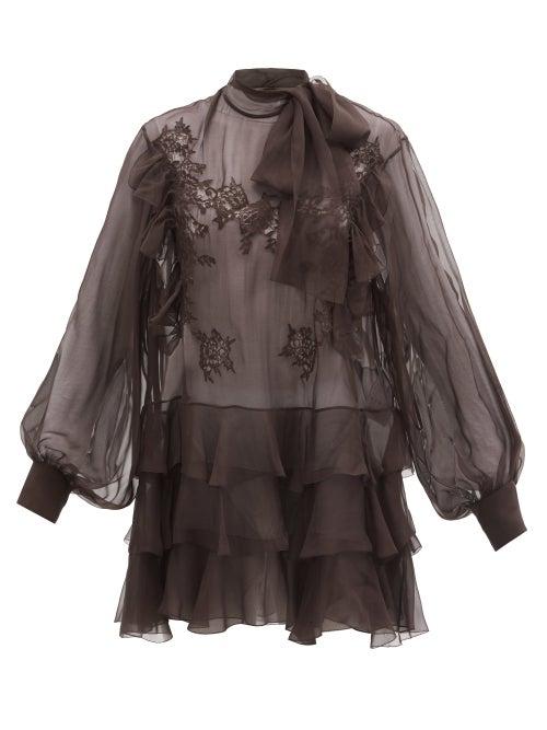 Matchesfashion.com Valentino - Pussy-bow Lace-trimmed Silk-chiffon Blouse - Womens - Dark Brown