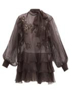 Matchesfashion.com Valentino - Pussy-bow Lace-trimmed Silk-chiffon Blouse - Womens - Dark Brown