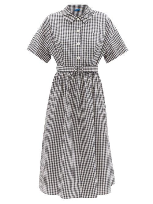 Ladies Rtw Vika 2.0 - Belted Recycled-cotton Gingham Shirt Dress - Womens - Navy