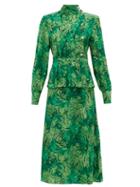 Matchesfashion.com Alessandra Rich - Crystal-button Rose-print Pleated Silk Dress - Womens - Green Print