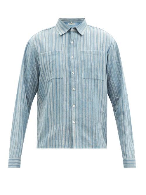 11.11 / Eleven Eleven - Patch-pocket Striped-voile Shirt - Mens - Blue Stripe