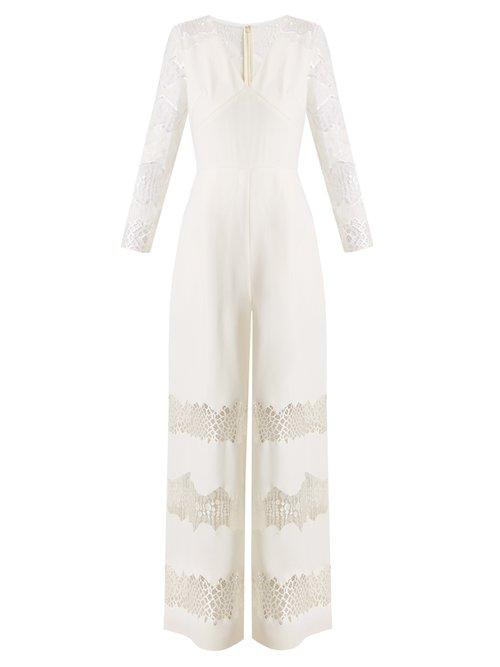 Matchesfashion.com Huishan Zhang - Faye Lace Panelled Wool Crepe Jumpsuit - Womens - White