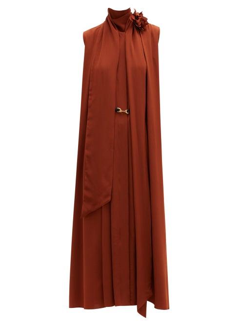Matchesfashion.com Victoria Beckham - Pussy-bow Pleated Silk-crepe Midi Dress - Womens - Brown