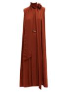 Matchesfashion.com Victoria Beckham - Pussy-bow Pleated Silk-crepe Midi Dress - Womens - Brown