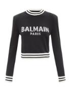Ladies Rtw Balmain - Logo-jacquard Wool-blend Sweater - Womens - Black