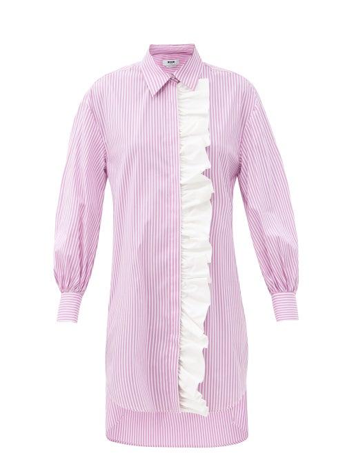 Matchesfashion.com Msgm - Ruffled Striped Cotton-blend Shirt Dress - Womens - Pink Stripe