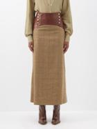 Giuliva Heritage - The Luisa Leather-panel Checked Wool Midi Skirt - Womens - Khaki