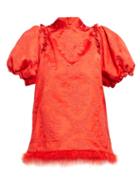 Matchesfashion.com Simone Rocha - Floral Jacquard Feather Trimmed Cotton Blend Top - Womens - Red