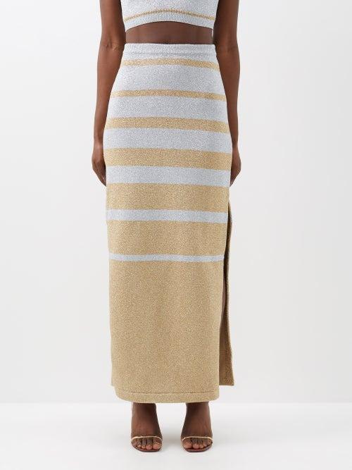 Paco Rabanne - Striped Lam Midi Skirt - Womens - Gold Silver