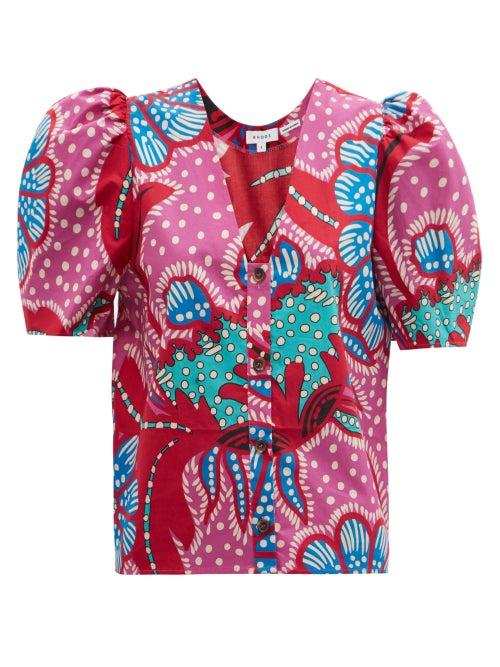 Matchesfashion.com Rhode - Nisha Puff-sleeve Floral Cotton-poplin Blouse - Womens - Pink Print