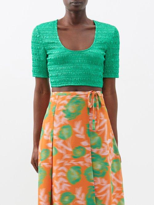 Ganni - Smocked-satin Cropped Top - Womens - Green