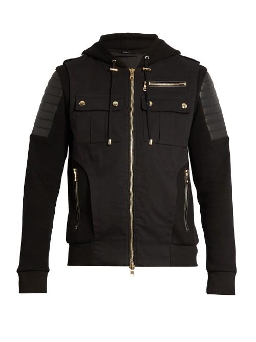 Balmain Zip-through Leather-panel Wool-blend Hooded Top