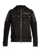 Balmain Zip-through Leather-panel Wool-blend Hooded Top